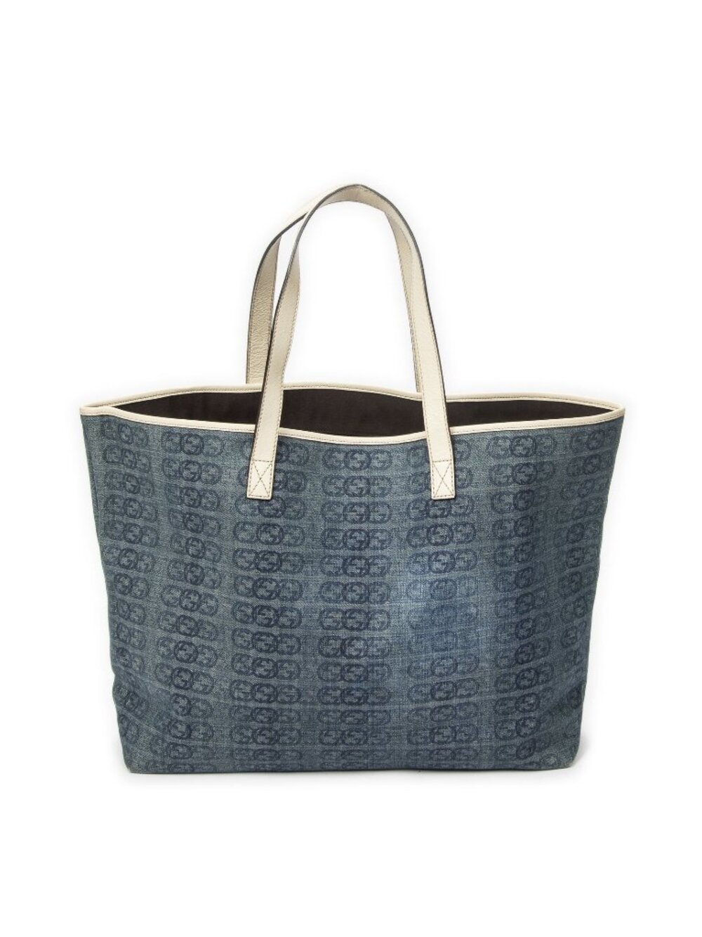 Gucci Large Web Horizon Tal Tote Blue Ivory Print Denim Canvas